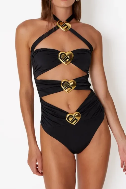 Diamond Heart Cut Out Swimsuit Black