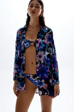 Solace Button Up Shirt Hibiscus Blue